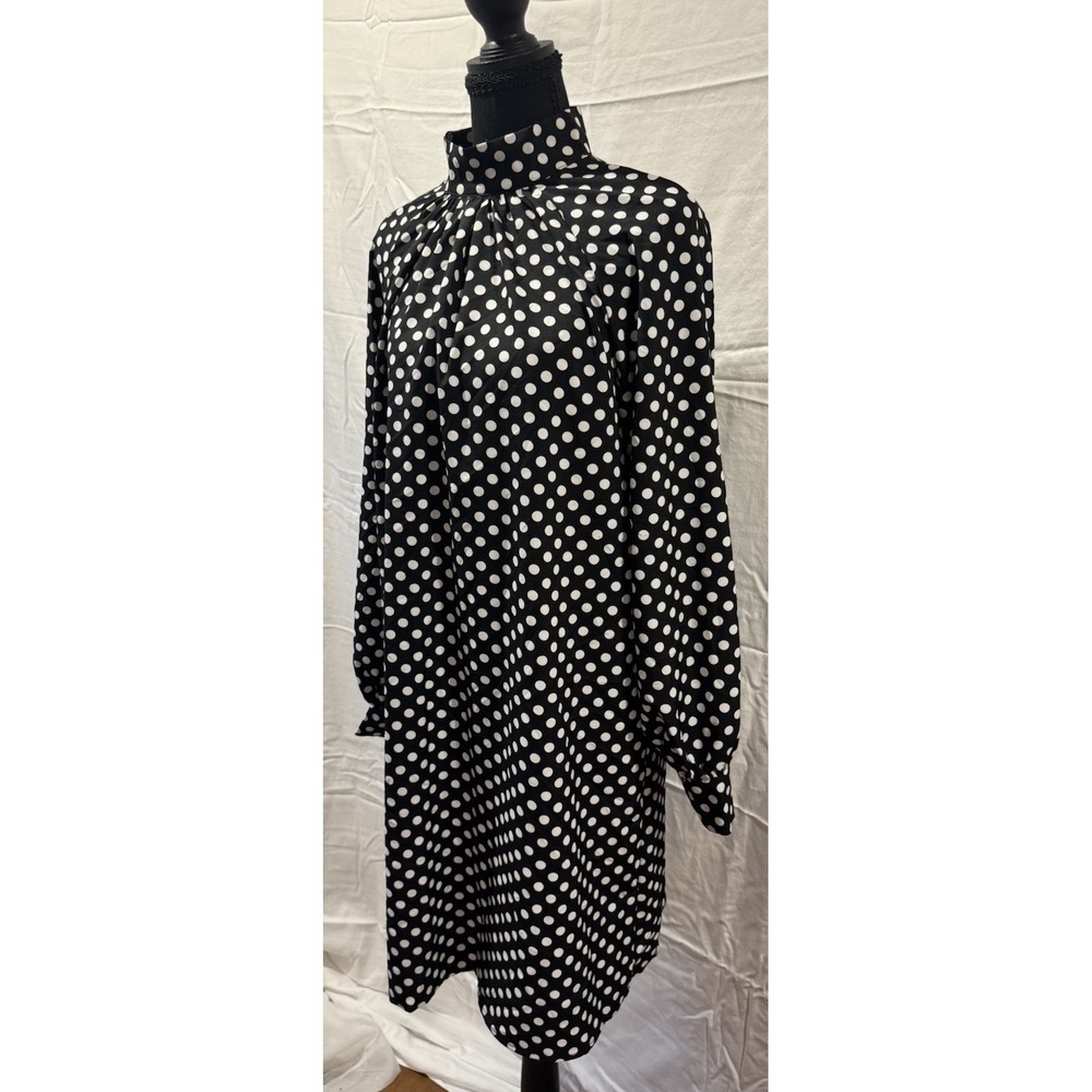 Women's Black White Polka Dot Mock Neck Long Sleeve Shift Knee Dress L/XL - Picture 6 of 6